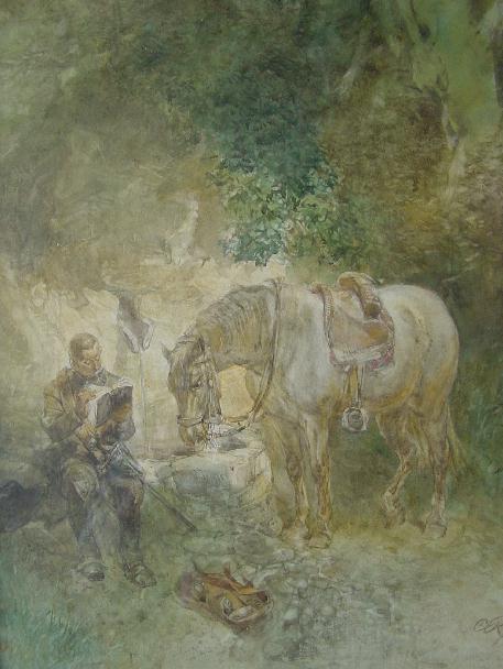 Lezende 17e eeuwse ruiter met zijn paard bij een bron